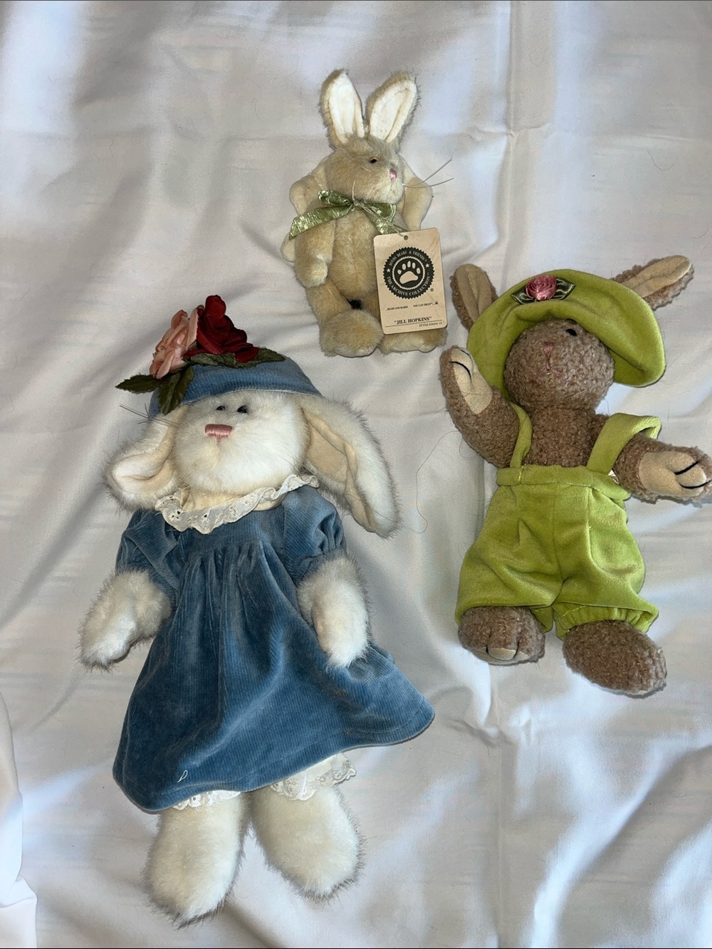 Boyds‎ Bears and Pacifix Set Three Plush Bunnies in Blue, Cream, Green and Brown